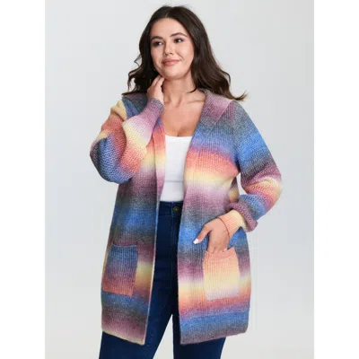 Bloomchic Women's Plus Size Textured Color Contrast Pocket Hooded Knit Cardigan Multicolor Long Sleeve Hooded 