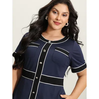 Bloomchic Women's Plus Size Textured Color Contrast Stretchy Mini Dress Darkblue Solid Midi Office Colorblock  In Blue