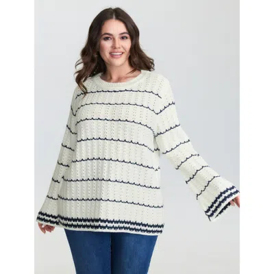 Bloomchic Women's Plus Size Textured Color Stripe Flared Sleeve Pullover Originalwhite Not Graphics Long Sleev