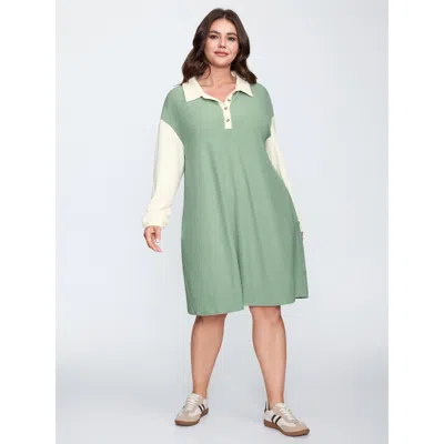 Bloomchic Women's Plus Size Textured Colorblock Collar Midi Dress Greenbean Non Short Casual 18-20/2x