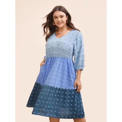 Bloomchic Women's Plus Size Textured Colorblock Contrast Lantern Sleeve Dress Lightblue Non Midi Everyday Text In Blue