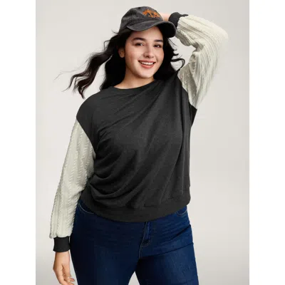 Bloomchic Women's Plus Size Textured Contrast Drop Shoulder Sweatshirt Dimgray Casual 10/m