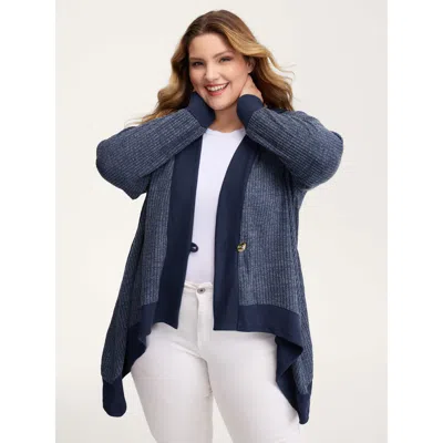 Bloomchic Women's Plus Size Textured Contrast Edge Hooded Kimono Indigo Texture A-line Side Seam Pocket 12/l In Purple