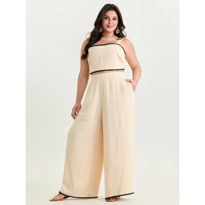 Bloomchic Women's Plus Size Textured Contrast Edge Wide Leg Pants Apricot Solid Wide Leg High Rise Vacation 12 In Orange
