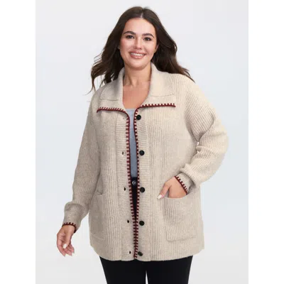 Bloomchic Women's Plus Size Textured Contrast Edged Pockets Knit Cardigan Lightbrown Long Sleeve 18-20/2x In Brown