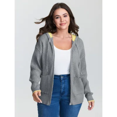 Bloomchic Women's Plus Size Textured Contrast Hooded Zipper Knit Cardigan Mediumgray Long Sleeve Hooded Neck 1