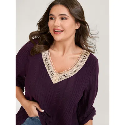 Bloomchic Women's Plus Size Textured Contrast Neckline Solid T-shirt Deeppurplered Color Block Casual Long Sle