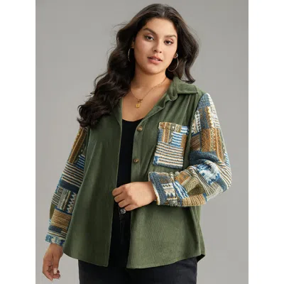Bloomchic Women's Plus Size Textured Contrast Patchwork Button Jacket Armygreen Colorblock 12/l