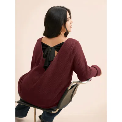 Bloomchic Women's Plus Size Textured Contrast Tie Knot Sweatshirt Burgundy Not Graphics Everyday V-neck 26/4x