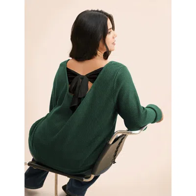 Bloomchic Women's Plus Size Textured Contrast Tie Knot Sweatshirt Darkgreen Not Graphics Everyday V-neck 30/6x In Green