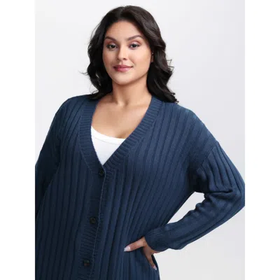 Bloomchic Women's Plus Size Textured Cozy Button Knit Cardigan Aegean Long Sleeve 10/m In Blue