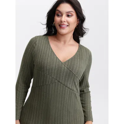 Bloomchic Women's Plus Size Textured Crossover Bodice Fitted T-shirt Sage Synthetic Texture Elegant Long Sleev In Green