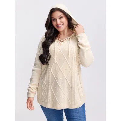 Bloomchic Women's Plus Size Textured Cross-tie Hooded Pullover Beige Long Sleeve 10/m In Sand