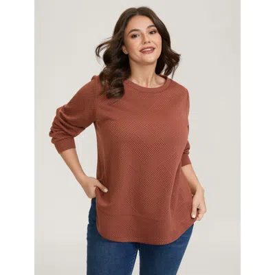 Bloomchic Women's Plus Size Textured Curvy Hem Round Neck Sweatshirt Rust Not Graphics Casual Round Neck 18-20 In Brown