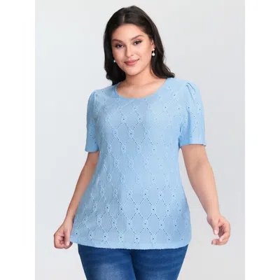 Bloomchic Women's Plus Size Textured Cut Out Plain T-shirt Lightblue Synthetic Texture Elegant Short Sleeve 10 In Blue