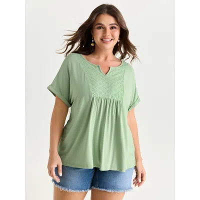 Bloomchic Women's Plus Size Textured Cut Out V-neck T-shirt Greenbean Solid Vacation Short Sleeve V-notch Neck