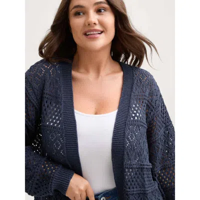 Bloomchic Women's Plus Size Textured Cut-out Arc Hem Lightweight Cardigan Indigo Long Sleeve 30/6x In Purple
