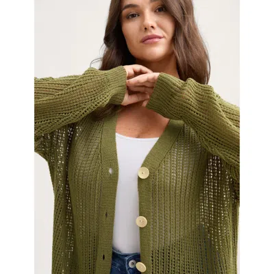 Bloomchic Women's Plus Size Textured Cut-out Button Detail Cardigan Moss Long Sleeve 10/m In Green