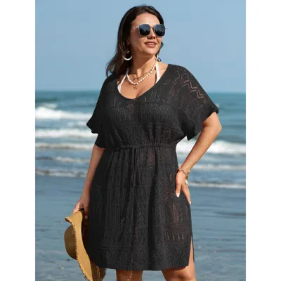 Bloomchic Women's Plus Size Textured Cut-out Drawstring Swim Cover-up Black Cap Sleeve 22-24/3x