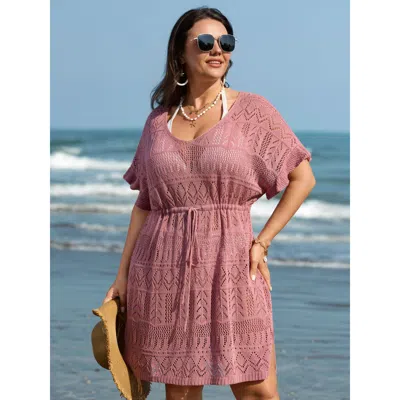 Bloomchic Women's Plus Size Textured Cut-out Drawstring Swim Cover-up Nudepink Cap Sleeve 10/m