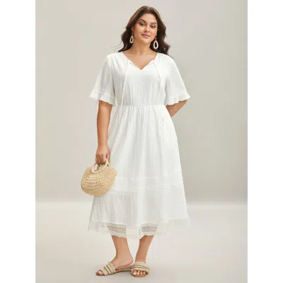 Bloomchic Women's Plus Size Textured Cut-out Lace Tied Midi Dress Beige Solid Midi Vacation Lace-up 10/m In Sand
