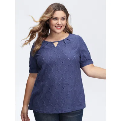 Bloomchic Women's Plus Size Textured Cut-out Neckline T-shirt Mediumblue Synthetic Texture Casual Half Sleeve 