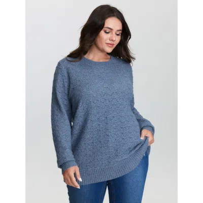 Bloomchic Women's Plus Size Textured Cut-out Ribbed Hem Knit Cardigan Stone Long Sleeve Round Neck 10/m In Gray