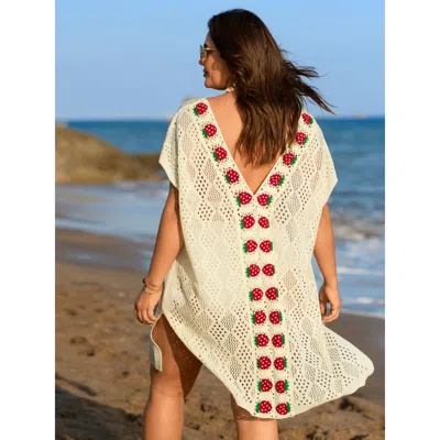 Bloomchic Women's Plus Size Textured Cut-out Strawberry Swim Cover-up Ivory Sleeveless 10/m In White