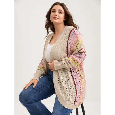 Bloomchic Women's Plus Size Textured Cut-out Striped Knit Cardigan Apricot Long Sleeve 10/m In Orange