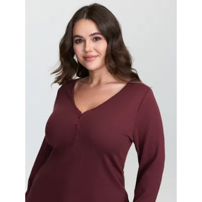 Bloomchic Women's Plus Size Textured Deep V-neck Fitted T-shirt Scarlet Solid Casual Long Sleeve Sweetheart Ne In Red