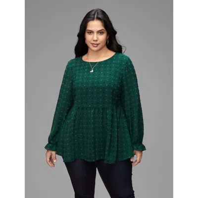 Bloomchic Women's Plus Size Textured Dot Elastic Cuffs A-line Blouse Darkgreen Synthetic Texture Casual Long S In Green