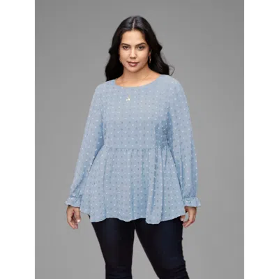 Bloomchic Women's Plus Size Textured Dot Elastic Cuffs A-line Blouse Lightblue Synthetic Texture Casual Long S In Blue