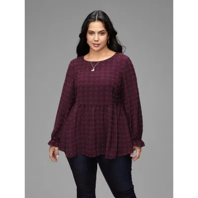 Bloomchic Women's Plus Size Textured Dot Elastic Cuffs A-line Blouse Plum Synthetic Texture Casual Long Sleeve In Purple