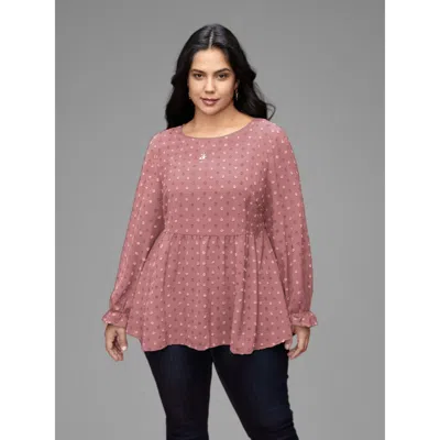 Bloomchic Women's Plus Size Textured Dot Elastic Cuffs A-line Blouse Rouge Synthetic Texture Casual Long Sleev In Red