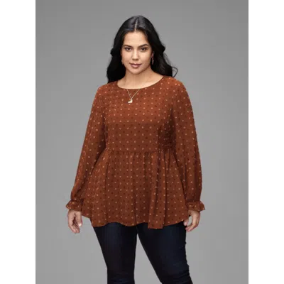Bloomchic Women's Plus Size Textured Dot Elastic Cuffs A-line Blouse Rust Synthetic Texture Casual Long Sleeve In Brown