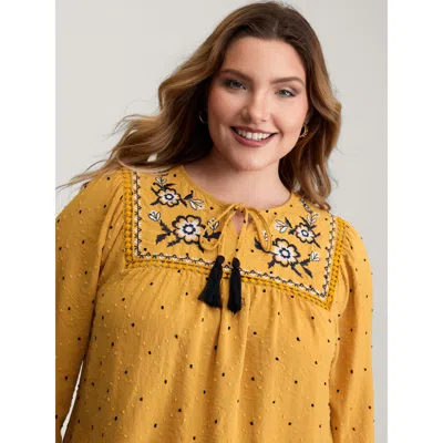 Bloomchic Women's Plus Size Textured Dot Embroidered Tassel Flowy Blouse Turmeric Bohemian Print Vacation Long In Yellow
