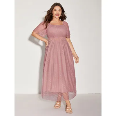 Bloomchic Women's Plus Size Textured Dot Lace Trim Midi Dress Watermelon Synthetic Texture Maxi Party 10/m In Green
