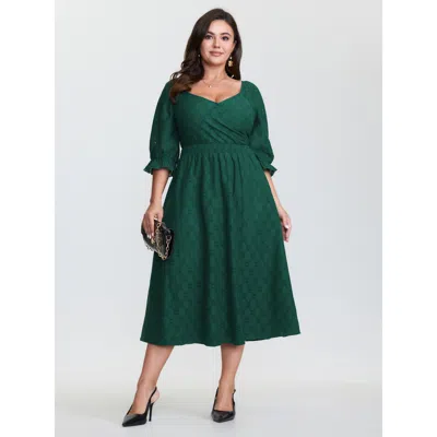Bloomchic Women's Plus Size Textured Draped Surplice Neckline Midi Dress Darkgreen Solid Midi Elegant Smocked  In Green