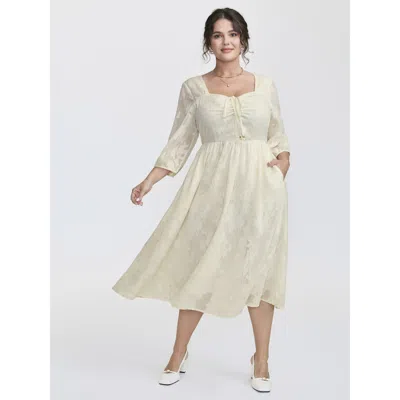 Bloomchic Women's Plus Size Textured Drawstring Bodice Flowy Midi Dress Ivory Synthetic Texture Midi Elegant T In White