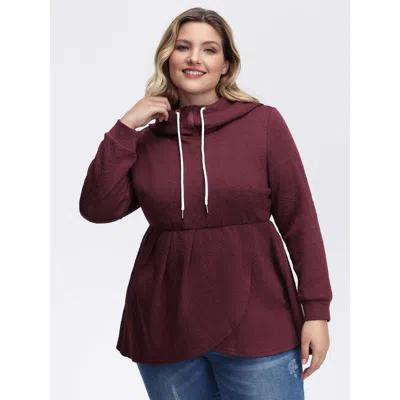 Bloomchic Women's Plus Size Textured Drawstring Overlap Hem Hooded Sweatshirt Deepred Casual 10/m In Red