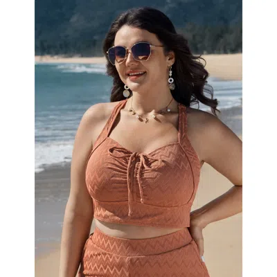 Bloomchic Women's Plus Size Textured Drawstring Ruched Swim Top Coral Synthetic Texture Sleeveless Texture Ada In Orange