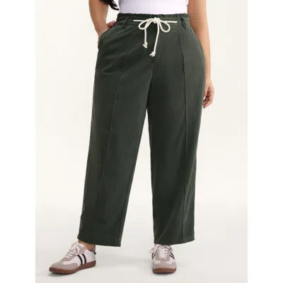 Bloomchic Women's Plus Size Textured Drawstring Waist Pleated Pants Darkslategray Non Wide Leg Mid Rise Casual