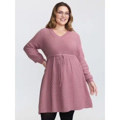 Bloomchic Women's Plus Size Textured Drawstring Waist V-neck Sweater Dress Rouge Non Short Texture 10/m In Red