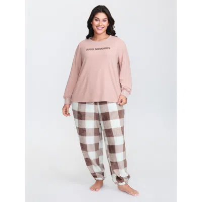 Bloomchic Women's Plus Size Textured Embroidered Color Contrast Lounge Set Lightbrown Plaid Long Sleeve Embroi In Brown