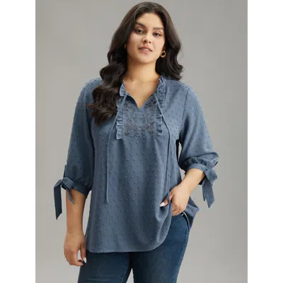 Bloomchic Women's Plus Size Textured Embroidered Frill Trim Tie Neck Blouse Stone Dailywear Long Sleeve 14-16/ In Gray
