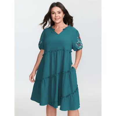 Bloomchic Women's Plus Size Textured Embroidered Sleeve Tiered Mini Dress Cerulean Floral Short Casual Texture In Blue