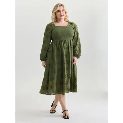 Bloomchic Women's Plus Size Textured Embroidery Shirred Square Neckline Midi Dress Armygreen Else Midi Elegant