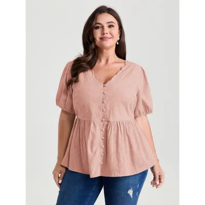 Bloomchic Women's Plus Size Textured Fit And Flare Plain Blouse Dustypink Elegant Short Sleeve 10/m In Pink