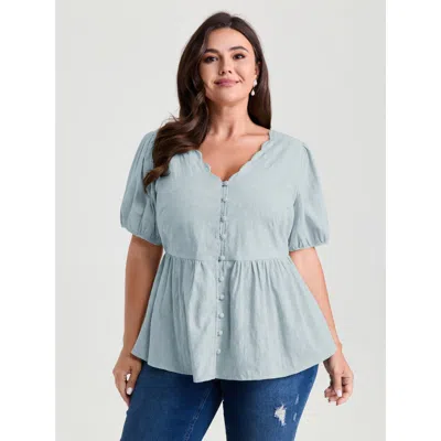 Bloomchic Women's Plus Size Textured Fit And Flare Plain Blouse Lightblue Elegant Short Sleeve 30/6x In Blue