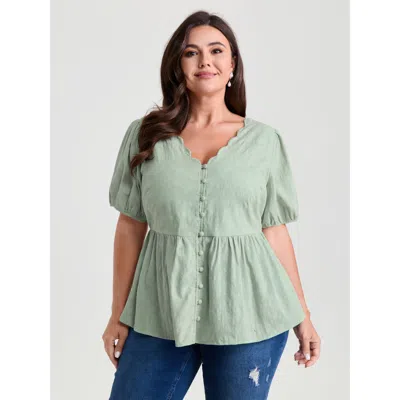Bloomchic Women's Plus Size Textured Fit And Flare Plain Blouse Mint Elegant Short Sleeve 22-24/3x In Green
